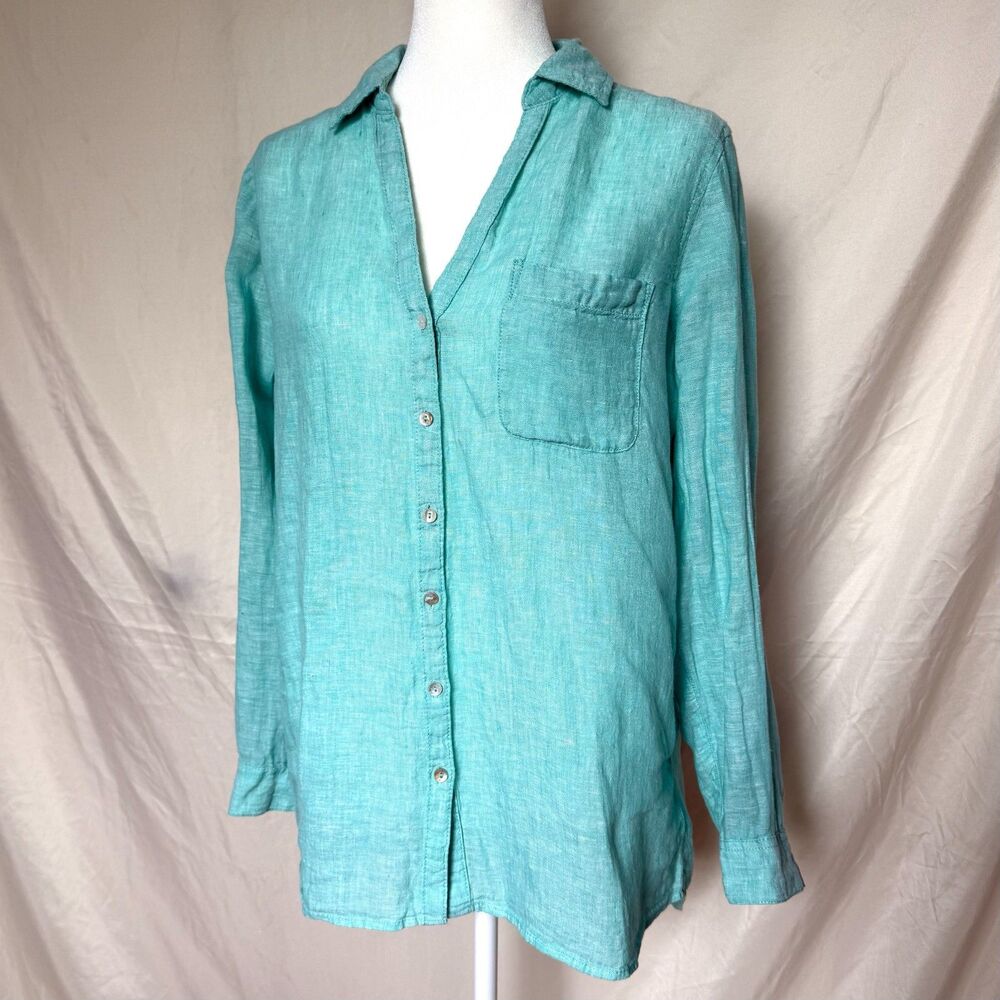 Sigrid Olsen 100% linen tunic womens M turquoise button front roll tab sleeves